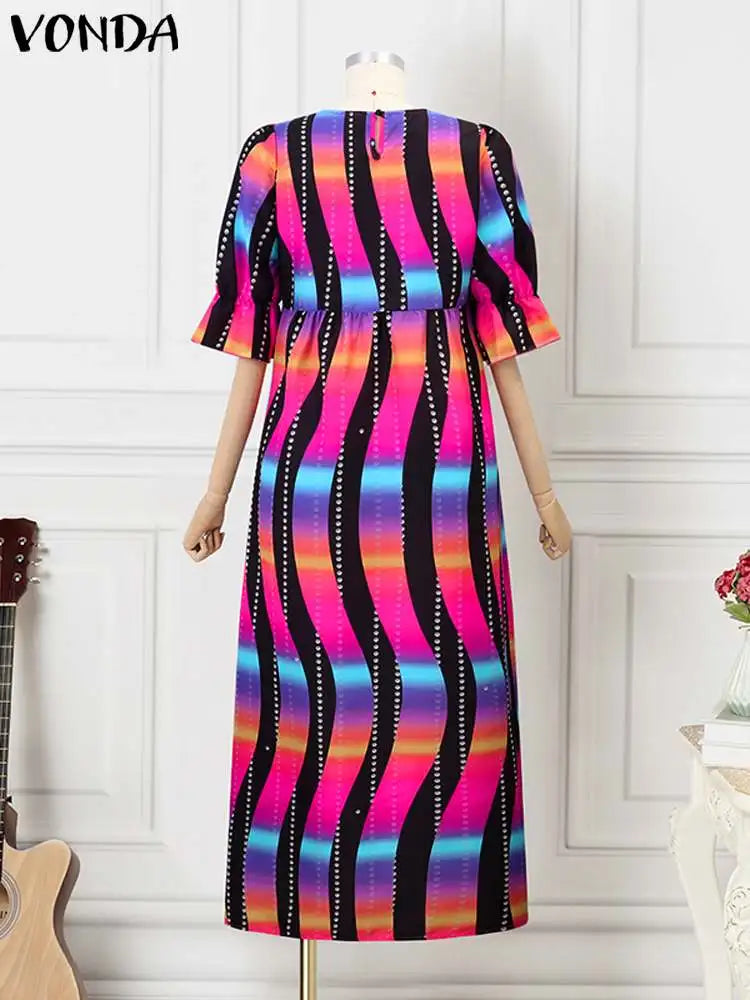 Vonda-Vestido maxi feminino boêmio de meia-sopro, túnico grande, longo, casual, vintage, estampado, tamanho grande, 5XL, verão, 2024