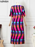 Vonda-Vestido maxi feminino boêmio de meia-sopro, túnico grande, longo, casual, vintage, estampado, tamanho grande, 5XL, verão, 2024