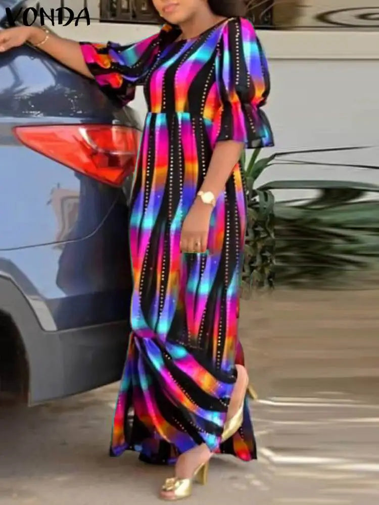 Vonda-Vestido maxi feminino boêmio de meia-sopro, túnico grande, longo, casual, vintage, estampado, tamanho grande, 5XL, verão, 2024
