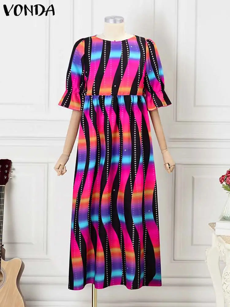 Vonda-Vestido maxi feminino boêmio de meia-sopro, túnico grande, longo, casual, vintage, estampado, tamanho grande, 5XL, verão, 2024