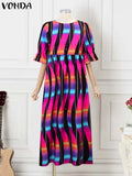 Vonda-Vestido maxi feminino boêmio de meia-sopro, túnico grande, longo, casual, vintage, estampado, tamanho grande, 5XL, verão, 2024