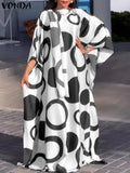 Vonda-vestido maxi estampado feminino, vestido longo boêmio, 3/4 de manga de taco, casual solto, plissado, grandes dimensões, tamanho grande, outono, 2024