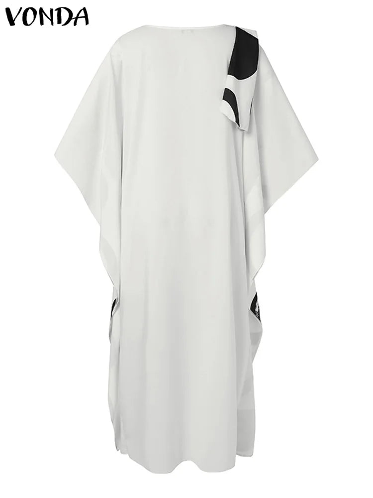 Vonda-vestido maxi estampado feminino, vestido longo boêmio, 3/4 de manga de taco, casual solto, plissado, grandes dimensões, tamanho grande, outono, 2024