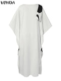 Vonda-vestido maxi estampado feminino, vestido longo boêmio, 3/4 de manga de taco, casual solto, plissado, grandes dimensões, tamanho grande, outono, 2024