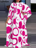 Vonda-vestido maxi estampado feminino, vestido longo boêmio, 3/4 de manga de taco, casual solto, plissado, grandes dimensões, tamanho grande, outono, 2024