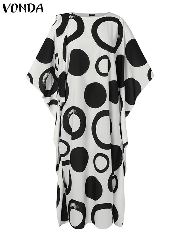 Vonda-vestido maxi estampado feminino, vestido longo boêmio, 3/4 de manga de taco, casual solto, plissado, grandes dimensões, tamanho grande, outono, 2024