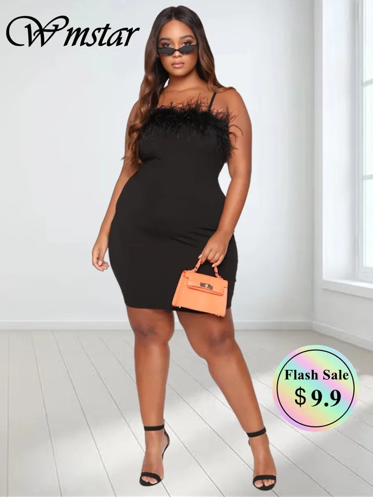 Wmstar - Vestido mini de plumas sin mangas para mujer, sexy, negro, elástico, talla grande, ropa de verano, venta al por mayor, envío directo 