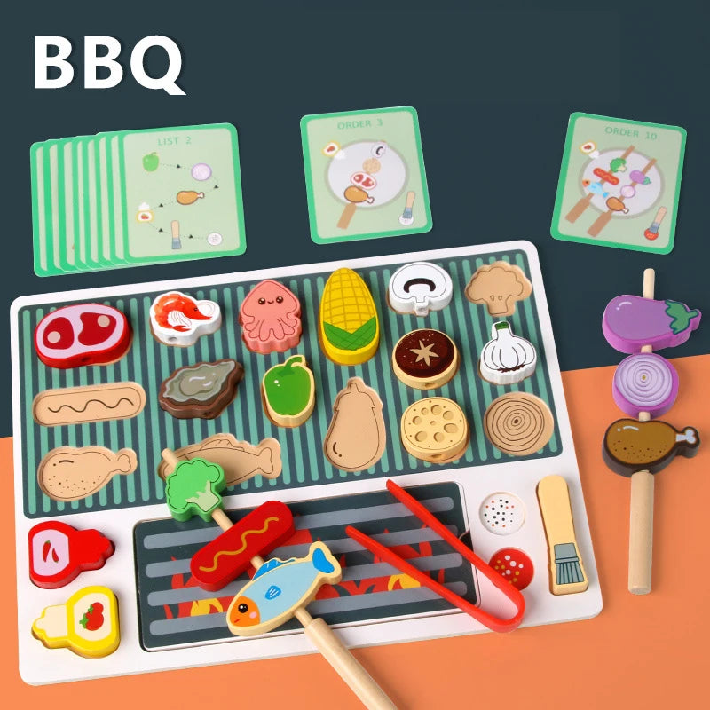Wooden BBQ Grill Toy Set para crianças, Experiência de Culinária Montessori, Churrasco Simulação Comida, Brinquedos de madeira, Presente