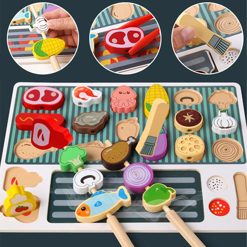 Juego de parrilla de madera para niños, experiencia de cocina Montessori, simulación de comida, juguetes de madera, regalo 