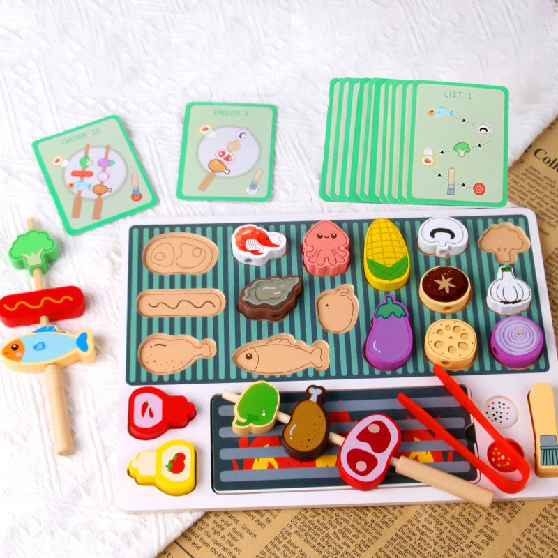 Juego de parrilla de madera para niños, experiencia de cocina Montessori, simulación de comida, juguetes de madera, regalo 
