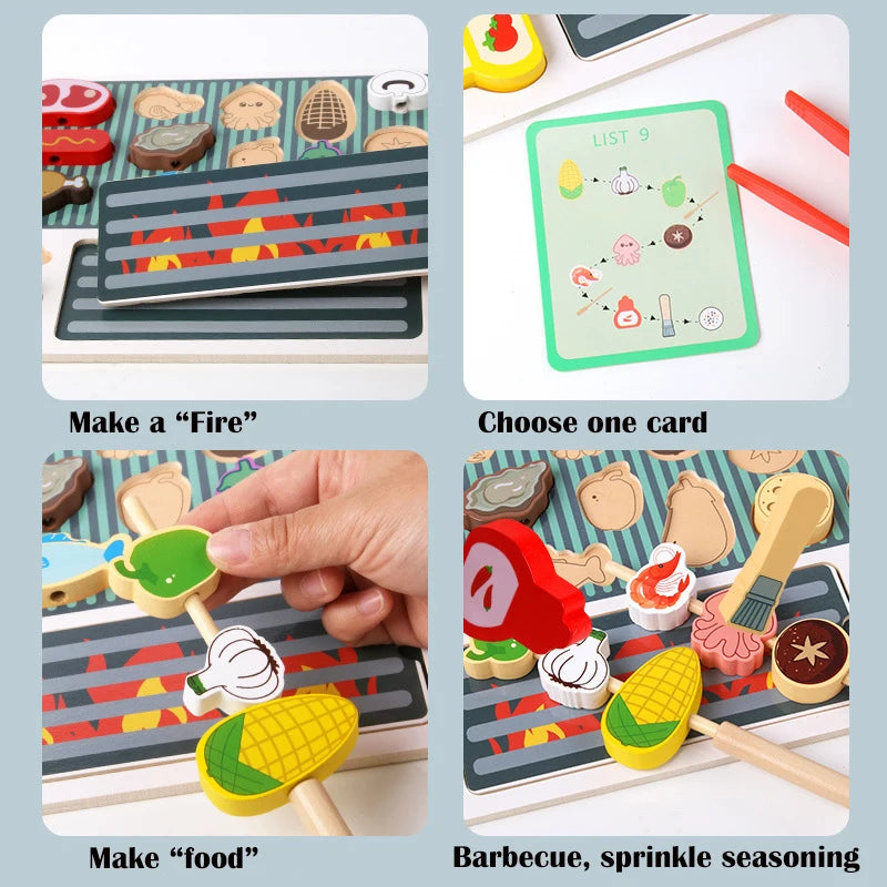 Juego de parrilla de madera para niños, experiencia de cocina Montessori, simulación de comida, juguetes de madera, regalo 