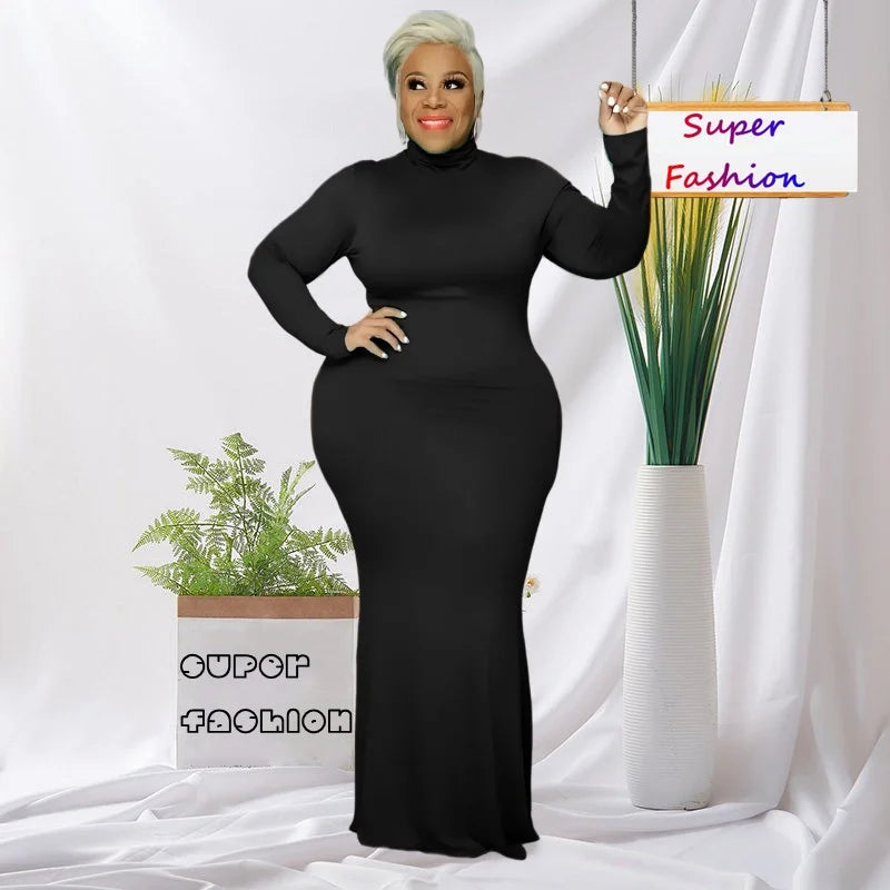 WSFEC XL-5XL Plus Size Dresses For Women Clothing 2022 Autumn Winter Solid Long Sleeve Bodycon Sexy Casual Long Dress Dropshipping 