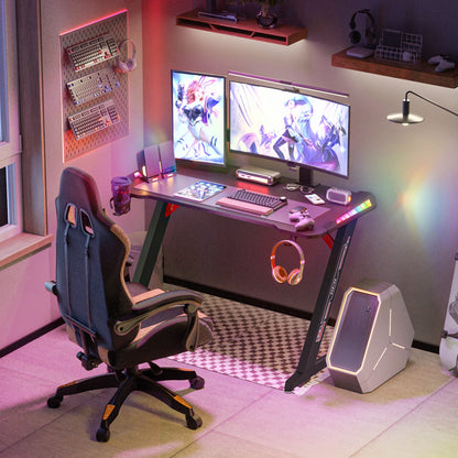 Z-Shaped Computer Gaming Desk, RGB LED Lights, Home Office Table, X-Large, 140cm 