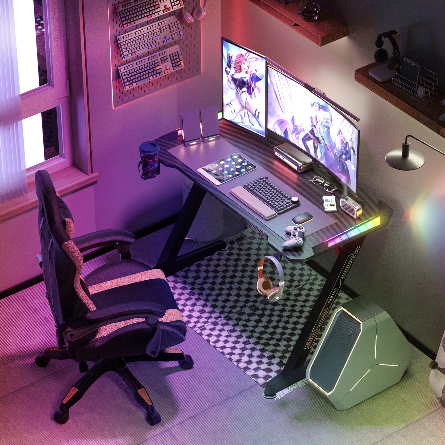 Z-Shaped Computer Gaming Desk, RGB LED Lights, Home Office Table, X-Large, 140cm 