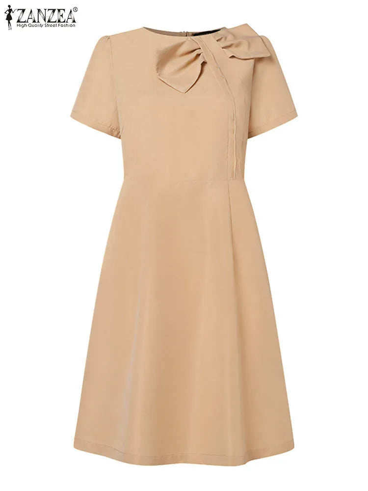 Zanzea-Elegante vestido de festa manga curta feminino, vestido de verão, sólido, escritório, OL, elegante, vestido em linha, casual robe laço