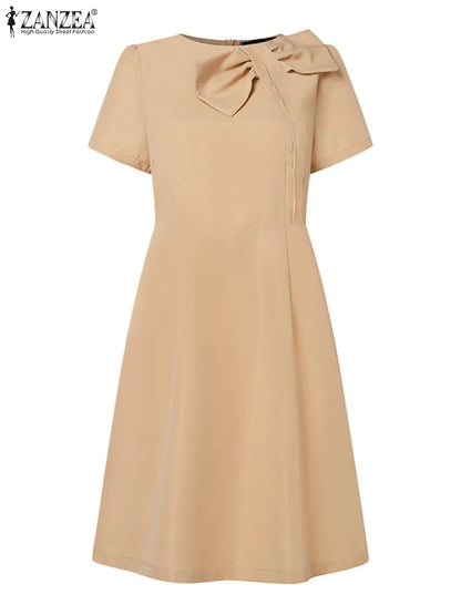 Zanzea-Elegante vestido de festa manga curta feminino, vestido de verão, sólido, escritório, OL, elegante, vestido em linha, casual robe laço