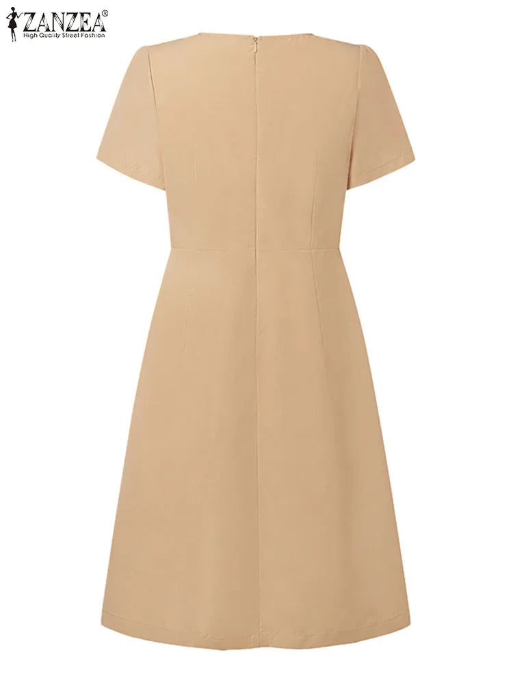 Zanzea-Elegante vestido de festa manga curta feminino, vestido de verão, sólido, escritório, OL, elegante, vestido em linha, casual robe laço