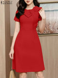 Zanzea-Elegante vestido de festa manga curta feminino, vestido de verão, sólido, escritório, OL, elegante, vestido em linha, casual robe laço