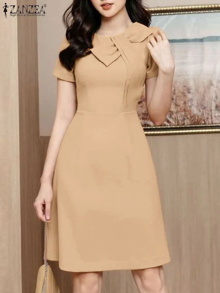 Zanzea-Elegante vestido de festa manga curta feminino, vestido de verão, sólido, escritório, OL, elegante, vestido em linha, casual robe laço