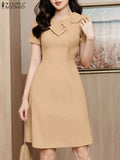 Zanzea-Elegante vestido de festa manga curta feminino, vestido de verão, sólido, escritório, OL, elegante, vestido em linha, casual robe laço