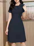 Zanzea-Elegante vestido de festa manga curta feminino, vestido de verão, sólido, escritório, OL, elegante, vestido em linha, casual robe laço