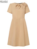 Zanzea-Elegante vestido de festa manga curta feminino, vestido de verão, sólido, escritório, OL, elegante, vestido em linha, casual robe laço