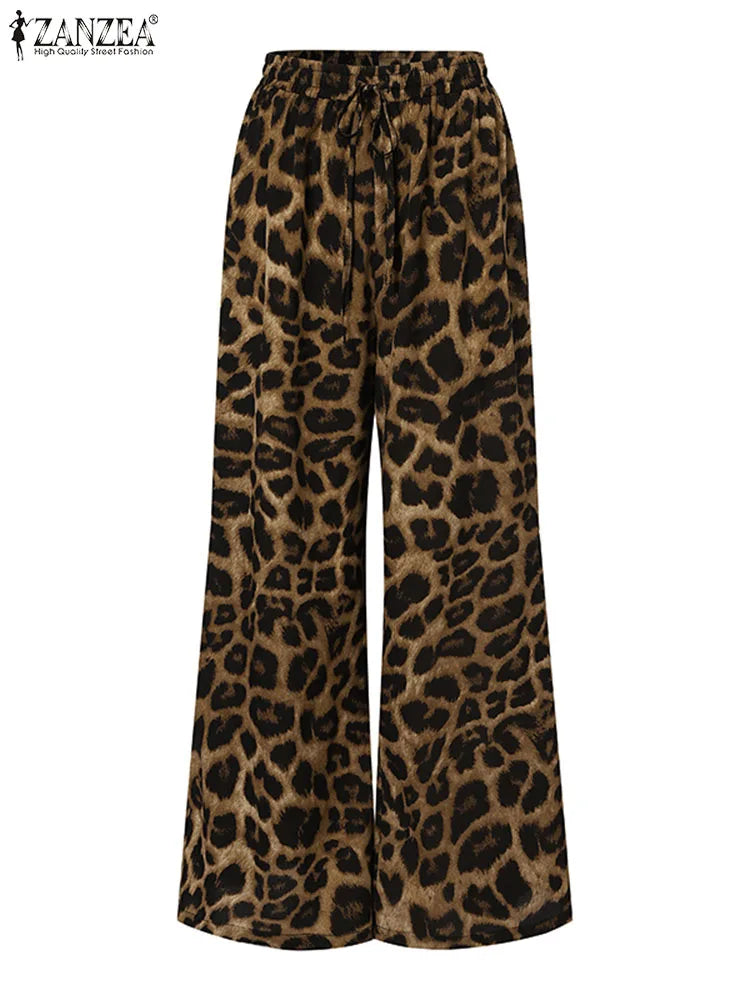 Zanzea vintage 2 pçs conjuntos de calças 2024 verão moda feminina leopardo impresso casual solto topos e calças outfits perna larga conjuntos