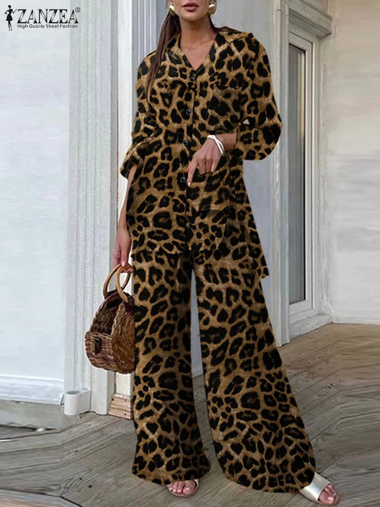 Zanzea vintage 2 pçs conjuntos de calças 2024 verão moda feminina leopardo impresso casual solto topos e calças outfits perna larga conjuntos