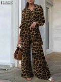 Zanzea vintage 2 pçs conjuntos de calças 2024 verão moda feminina leopardo impresso casual solto topos e calças outfits perna larga conjuntos