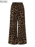 Zanzea vintage 2 pçs conjuntos de calças 2024 verão moda feminina leopardo impresso casual solto topos e calças outfits perna larga conjuntos
