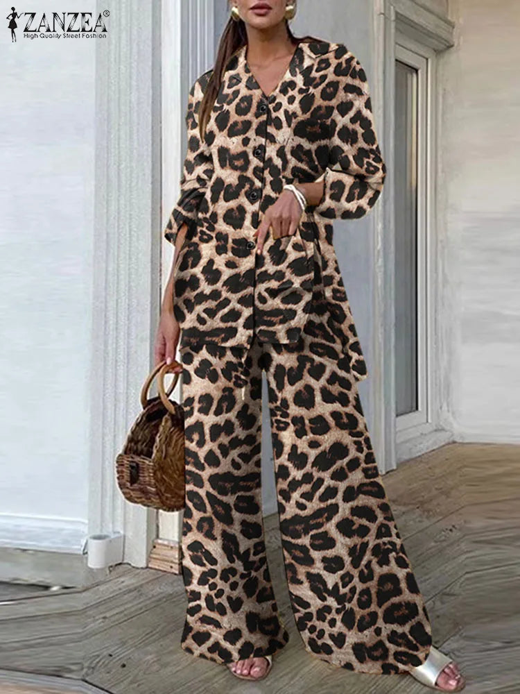 Zanzea vintage 2 pçs conjuntos de calças 2024 verão moda feminina leopardo impresso casual solto topos e calças outfits perna larga conjuntos