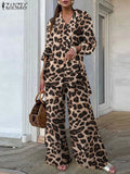 Zanzea vintage 2 pçs conjuntos de calças 2024 verão moda feminina leopardo impresso casual solto topos e calças outfits perna larga conjuntos