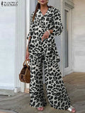 Zanzea vintage 2 pçs conjuntos de calças 2024 verão moda feminina leopardo impresso casual solto topos e calças outfits perna larga conjuntos