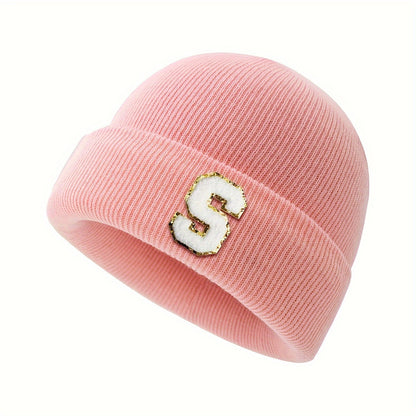 1pc Children's Knitted Hat with 26 Alphabet Letters, Pink Acrylic Stretchable Cap for Toddlers, Hand Washable, Breathable, Daily & Casual Wear, Perfect for Birthday Occasion