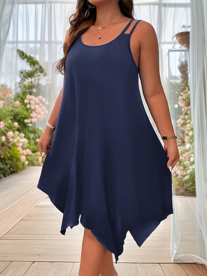 Plus Size Solid Irregular Hem Cami Dress, Casual Sleeveless Dress For Spring & Summer, Women's Plus Size Clothing