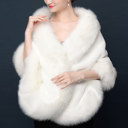 Luxurious Baroque-Style White Faux Fur Shawl - Cozy, Windproof Cape with Large Buttons for Brides & Party Gatherings, Perfect for Fall/Winter Elegance, Wedding Cape