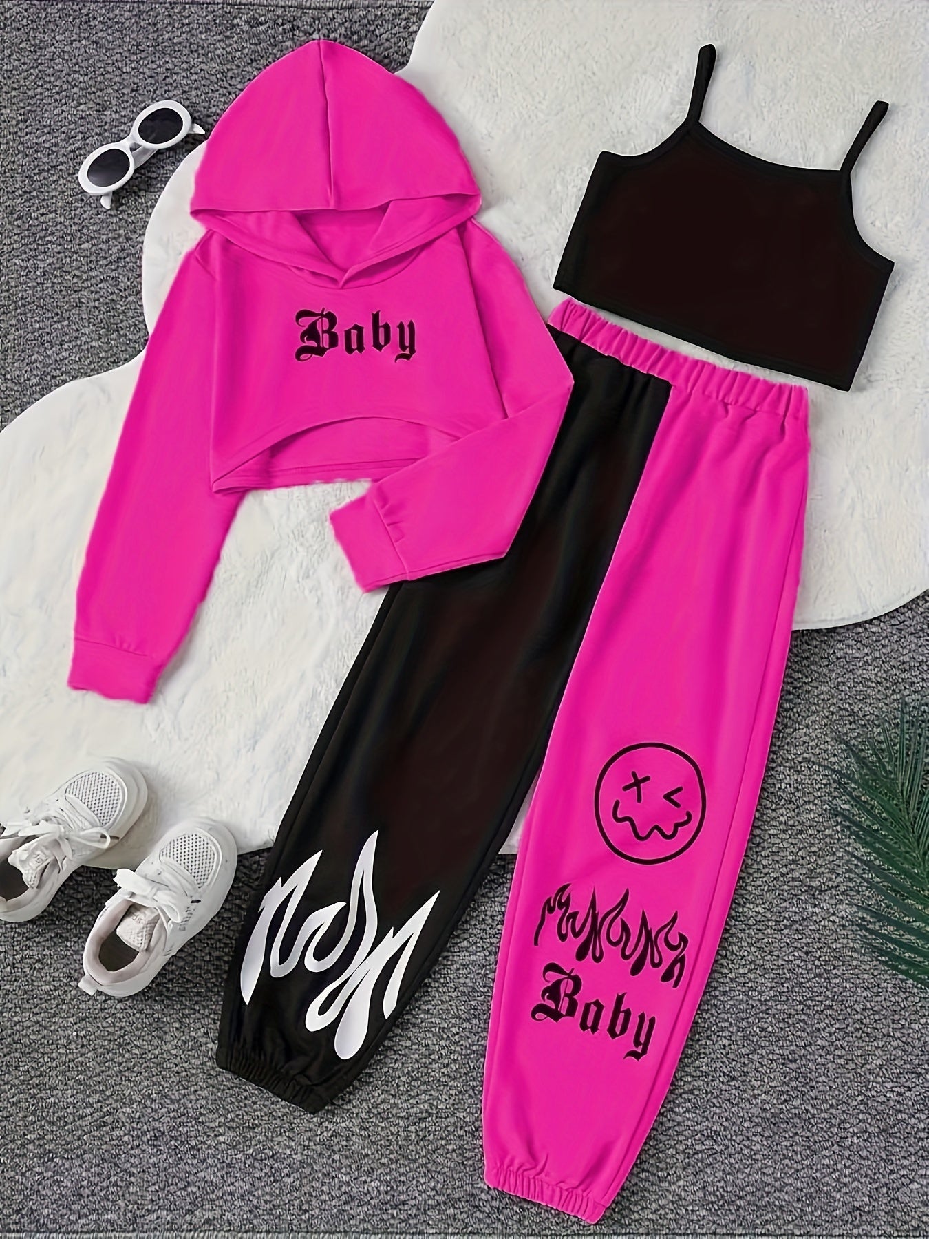 Color Clash 3pcs Girls casual outdoor clothing Set, Long Sleeve Crop Hoodie Top + Camisole + Trousers - Spring/Fall Clothes, Casual Outfit, Gift