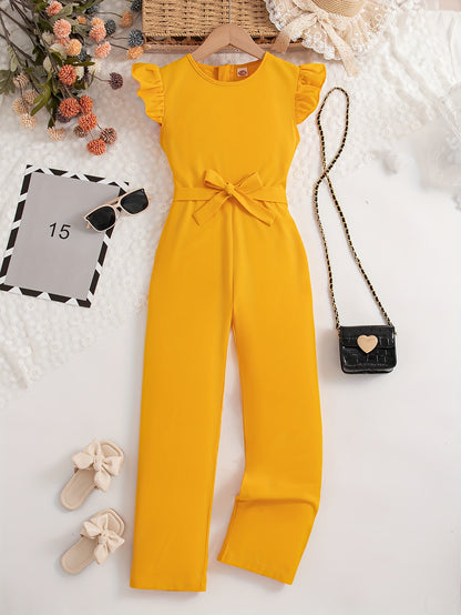 Elegant Girls Solid Belted Flutter Trim Jumpsuit Romper For Summer Party Gift Outdoor