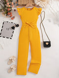 Elegant Girls Solid Belted Flutter Trim Jumpsuit Romper For Summer Party Gift Outdoor