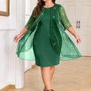 Plus Size - Elegant Plus Size Two-Piece Dress with Mesh Overlay - Navy Blue, Round Neck, Sleeveless, Flowy Design for Spring/Summer, Polyester Blend, Women'S Fashion, Plus Size Dresses