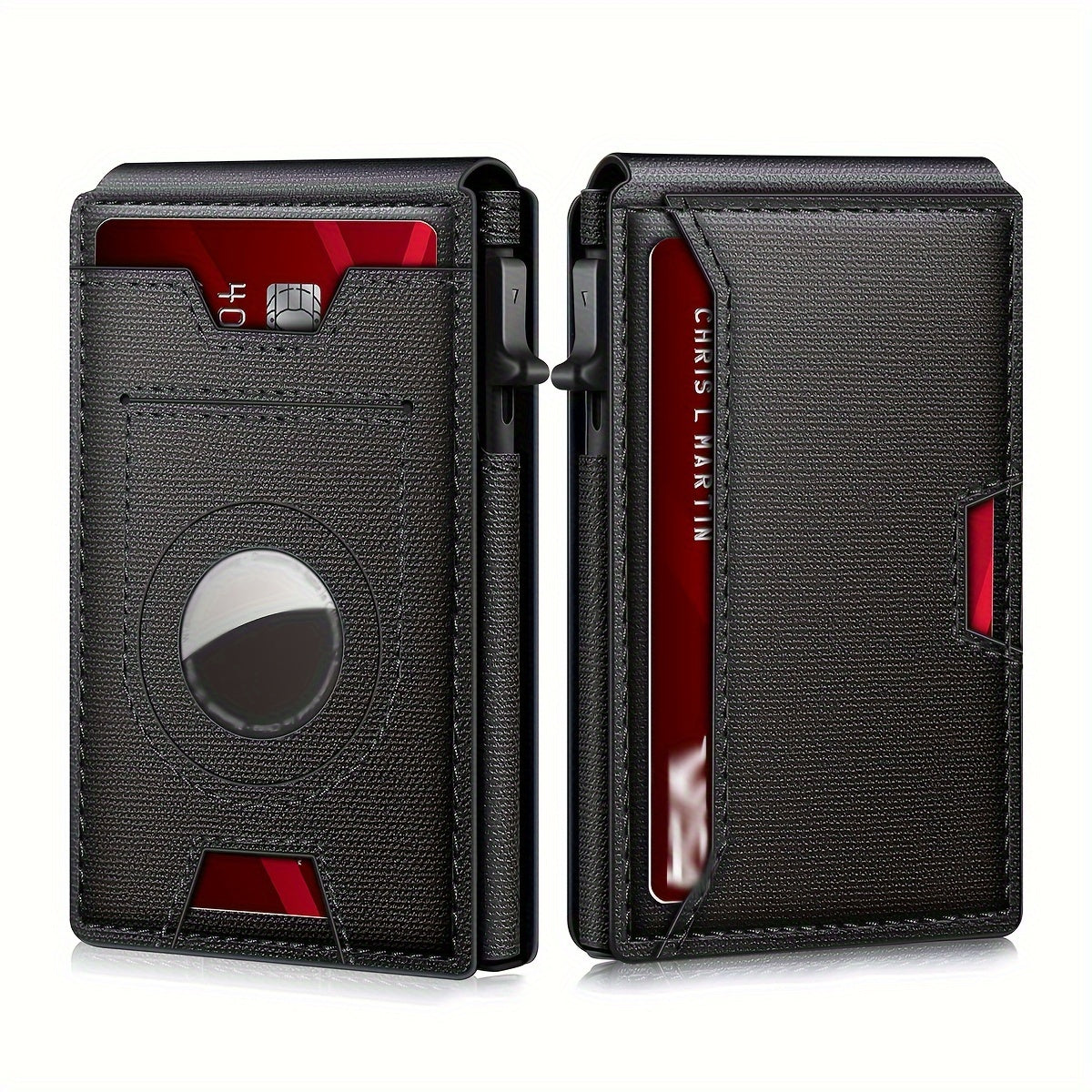 Men's Sleek Magnetic Closure Wallet with AirTag Holder - RFID Blocking, PU Leather, Black