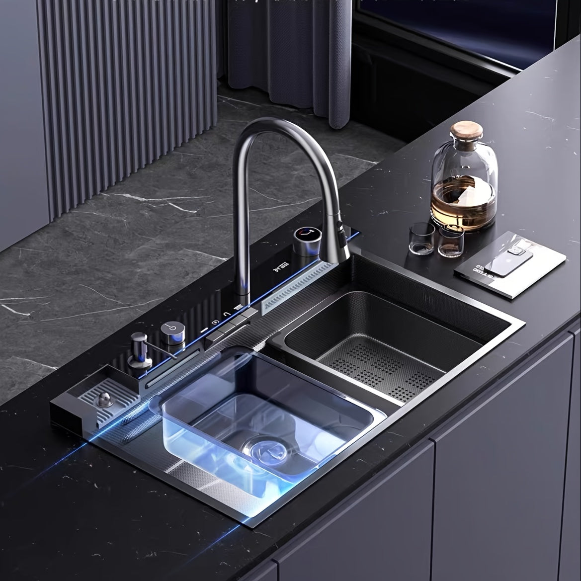 Modern Black Stainless Steel Kitchen Sink with Digital Display - Large Single Bowl, Multi-Purpose Design, Includes Faucet & Accessories, 26.7" (68x45x22cm)