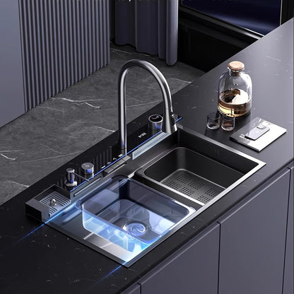 Modern Black Stainless Steel Kitchen Sink with Digital Display - Large Single Bowl, Multi-Purpose Design, Includes Faucet & Accessories, 26.7" (68x45x22cm)