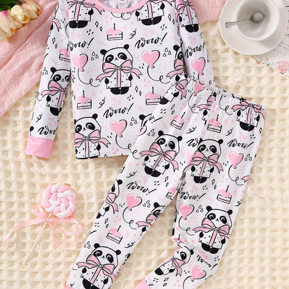 Autumn and Winter 2pcs Set for Girls, Cartoon Cute Panda Love Letters Cake Pattern Printed Round Neck Sweater, Long Sleeve with Drawstring and Elastic Pants, Casual and Comfortable Body-hugging Pajama Set