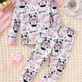 Autumn and Winter 2pcs Set for Girls, Cartoon Cute Panda Love Letters Cake Pattern Printed Round Neck Sweater, Long Sleeve with Drawstring and Elastic Pants, Casual and Comfortable Body-hugging Pajama Set
