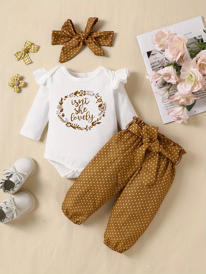 2pcs Baby Girl's Stylish Set, "Isn't She Lovely" Print Long Sleeve Onesie + Polka Dot Pants, Comfy Trendy Outfit