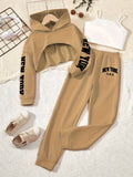 Girls' 3pcs Fashion Outfit, Short Hoodie and Tank Top with Athletic Pants Set, New York Print Casual Long Sleeve Top, Kids Spring/Summer/Autumn/Winter Clothing, Knitted Fabric, Stretchy, Letter Pattern, Regular Fit, Polyester