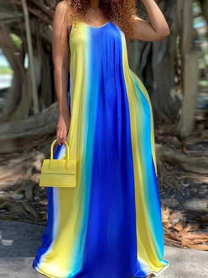 Vestido largo holgado con escote en V y efecto tie-dye, talla grande, elegante, ligeramente elástico, para mujer.