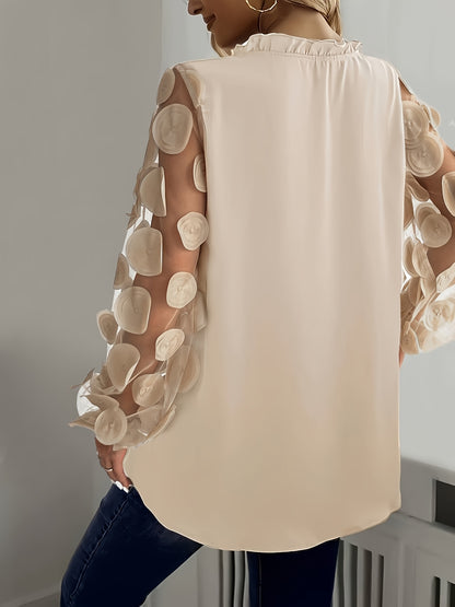 Plus Size Women'S Elegant White Blouse with Floral Mesh Sleeves - Long Sleeve, Notched Collar, Oversized Fit, Perfect for Night Outs, Casual to Formal Attire, Plus Size Blouse | Floral Pattern Top | Mesh Fabric Detail, Plus S