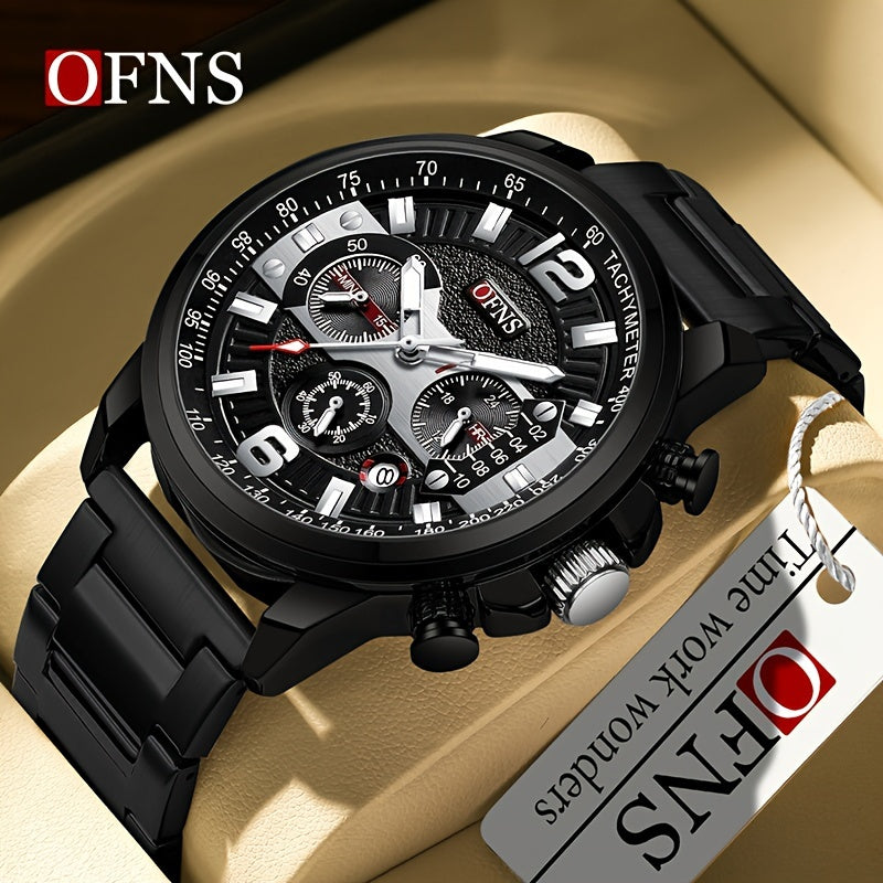 Reloj de moda popular OFNS para hombre, cronógrafo, resistente al agua hasta 50 metros, con calendario y luz nocturna, regalo para las fiestas.
